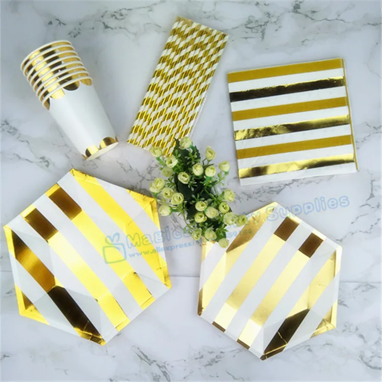 80 Sets Metallic Gold Striped Table Setting Paper Plates Dishes Cups Napkins Straws for Wedding Bridal Shower Bachelorette Party | Дом и сад