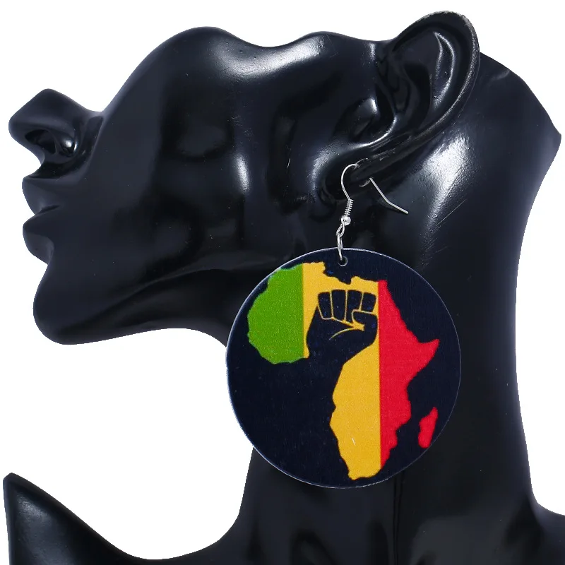 

New Retro Circular Wooden Earrings Creative African Map Design Women Rock Earrings European and American Trendy Jewelry, JY5412