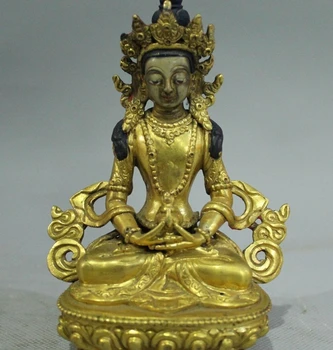 

6"Old Tibet Temple Bronze 24K Gold Amitayus longevity God Goddess Buddha Statue