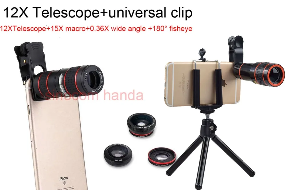 

12x Zoom Telephoto Lens mobile phone camera Lens& Fish eye Lens&Wide Angle Macro Lenses Cell Phone Tripod