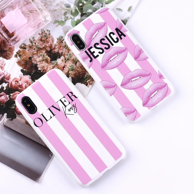 

Sexy Pink Lips Initial Custom Personalized Name Striped PU Leather Phone Case Cover For iPhone X 6 XS Max 7 7Plus 8 8Plus 5 SE