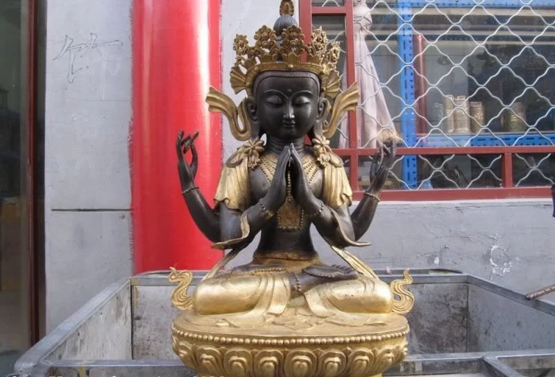 

Tibet Folk Fane bronze Four-arm Hands Avalokitesvara Kwan-Yin Buddha Statue