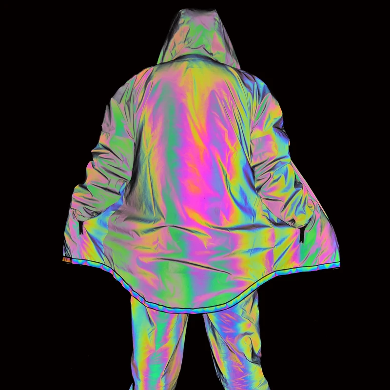 

2019 Autumn Winter Colorful Thin Long Jacket Men Reflective Jackets Hooded Coat Streetwear Hip Hop Windbreaker Jaqueta Masculino