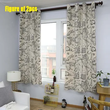 

1PC 55*85inch Living Room Vintage World Map Cotton Linen Flat Windows Curtain Bedroom Decoration Half-shadow Bay Window Curtain