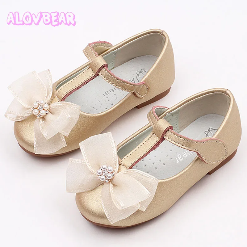 Girls Gold Dress Shoes Models Flower Princess Shoes PU Leather Korean