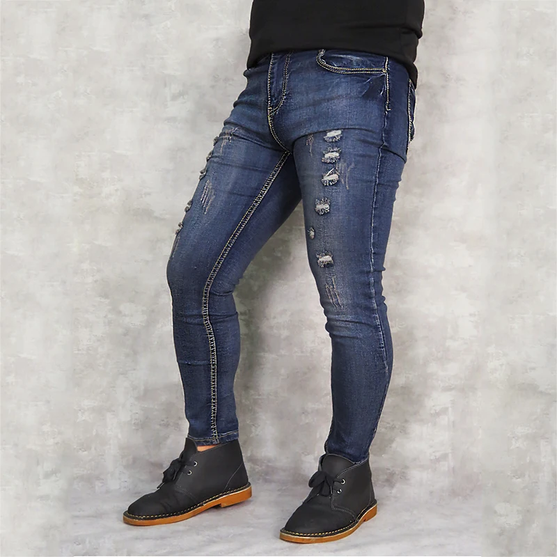 GUMPRUN men s jeans retro hole street dress jeans men stretch straight hip hop stitching skinny 3
