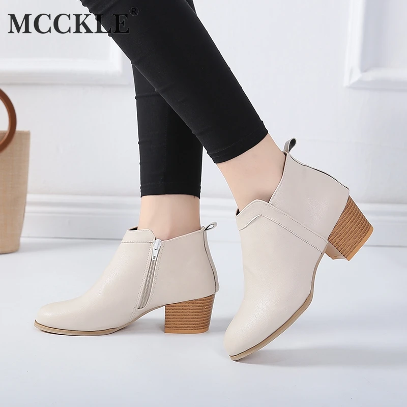 

MCCKLE Women Ankle Boots High Heels Autumn Plus Size Shoes Wood Heel Short Boot Female Fashion Zipper Casual Chunky Heel Botas