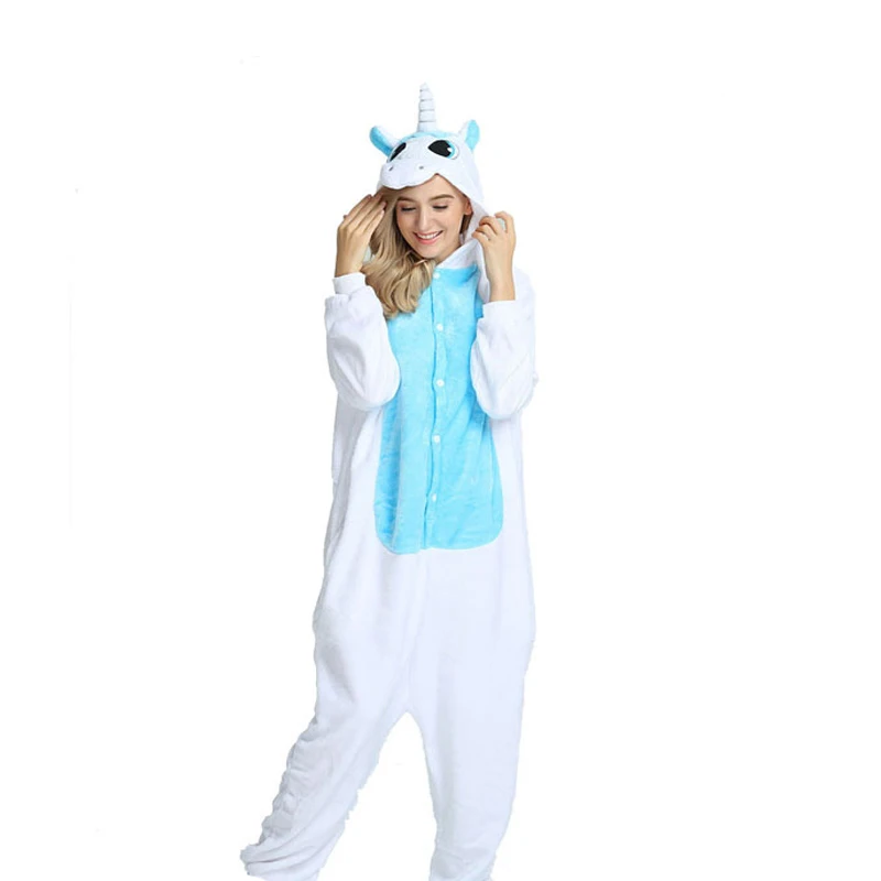 Зимние пижамы для взрослых с синим единорогом, пижамы с рисунками животных, пижамы с единорогом для женщин и мужчин, теплые фланелевые пижамы с капюшоном с обувью - Цвет: Blue Unicorn clothes