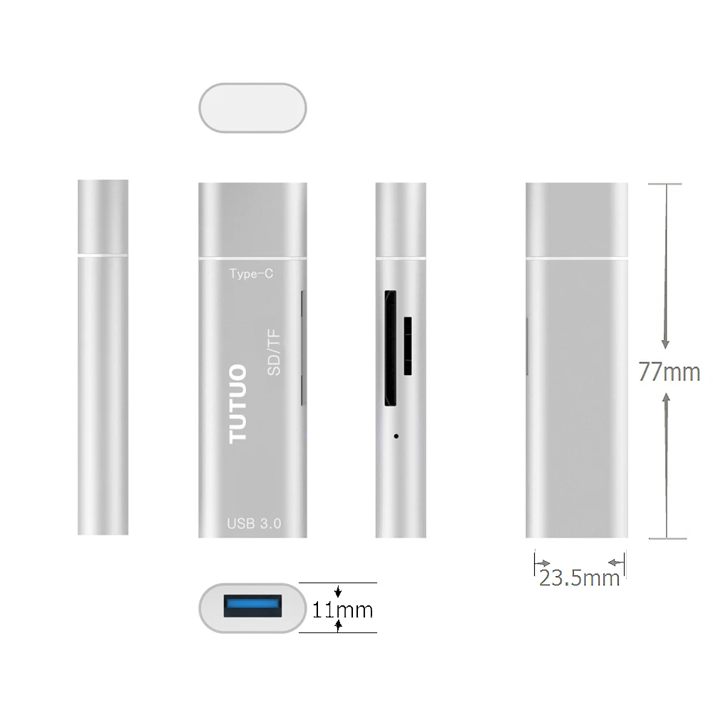 TUTUO V15 4 в 1 USB-C для USB-A 3,0 Женский SD/устройство для считывания с tf-карт Алюминий сплав OTG адаптер для Macbook/samsung S7/Android(серебро