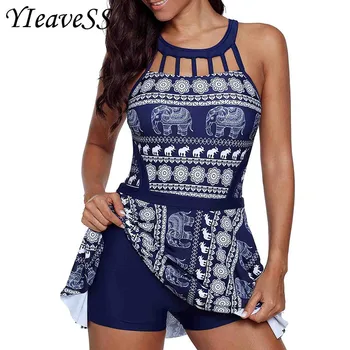

2019 New Tankini Plus Size Two Piece Women Swimwear High Waist Trunks Elephant Print Halter Swimsuit Swimming Bathing Suit S-5XL