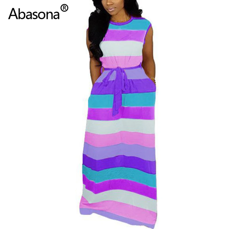 

Abasona 2019 Women Summer Striped O-neck with Sashes Pockets Midi Maxi Dress Causal Fashion Long Boho Beach Dresses Plus Size