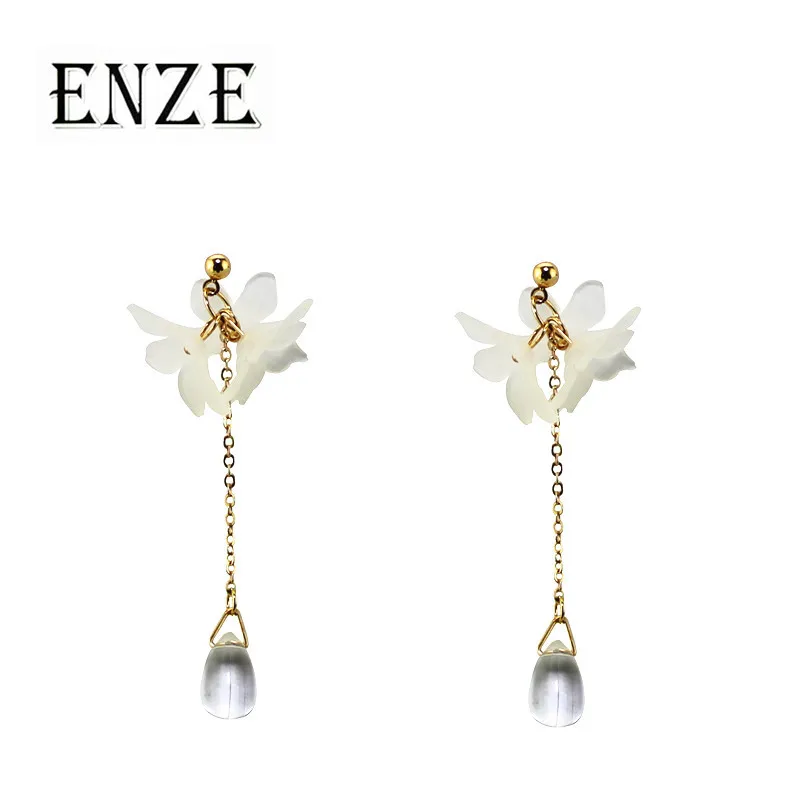 

ENZE white flower chain drop pendant earrings for women accessories wholesale new fashion Korean style jewelry