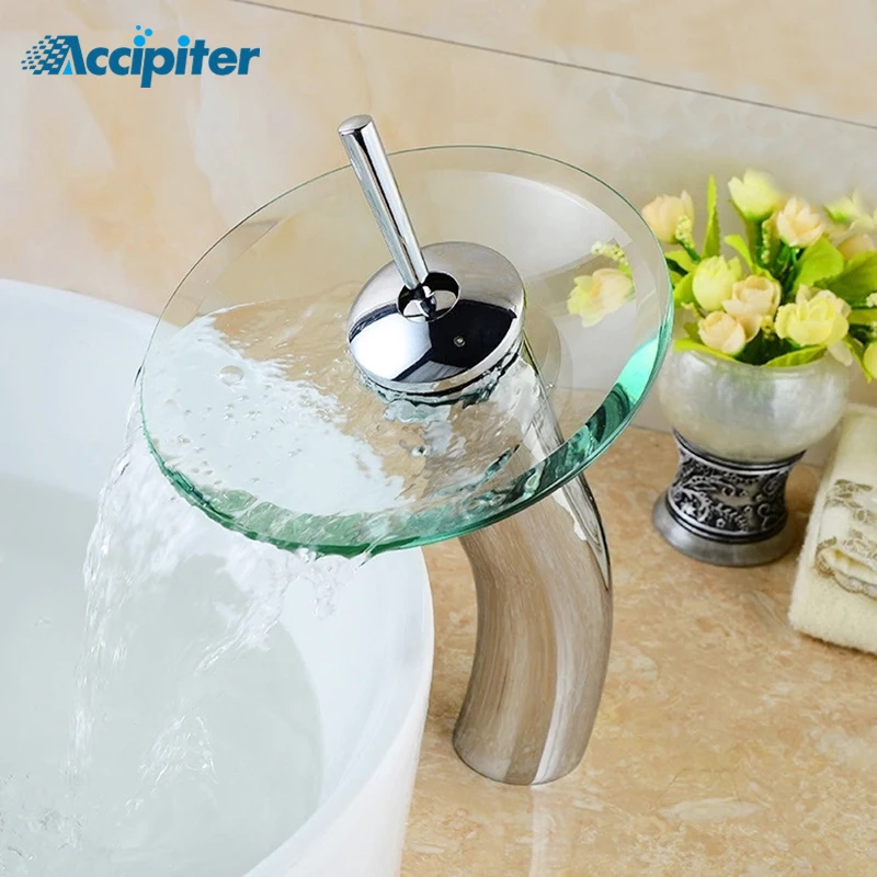 Mushroomshaped Long Neck Glass Bathroom Waterfall Faucet.transparent