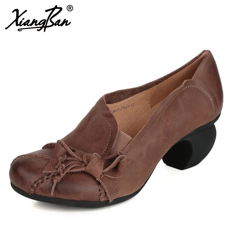 

Handmade Sheepskin Woman Shoes Commuter Round Head Women Pumps Thick With Genuine Leather Shoes Spring Autumn Xiangban