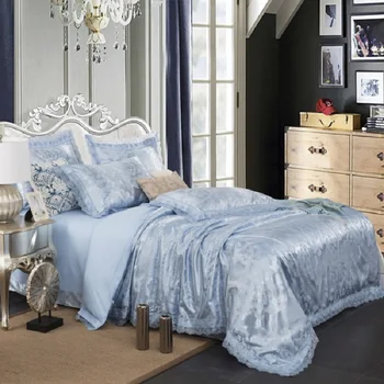 

Europe Style AB Side Jacquard 4pcs Lace Edge Duvet Cover Bed Sheet Pillowcases Bed Set Flowers Queen King