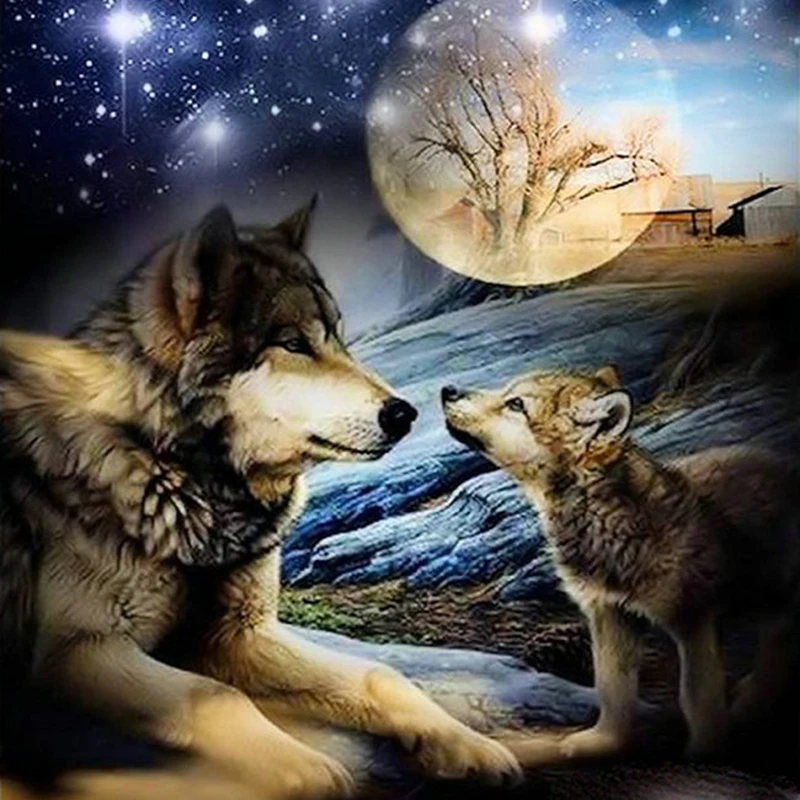

100% Full 5D Diy Daimond Painting "Wolf&Star" 3D Diamond Painting Round Rhinestones Diamant Painting Embroidery Animal Moon