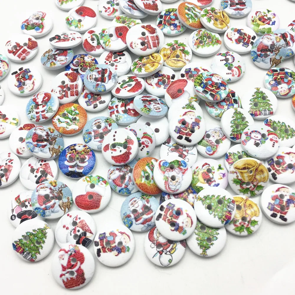 

100pcs 15mm Wooden Christmas Mix Santa Snowman Xmas Tree Buttons Sewing Accessories For Scarpbooking Embellishments