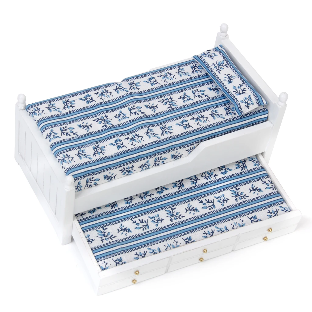 Mini Wooden Bed with Drawer for 1/12 Dolls House Miniature Bedroom Furniture Decor