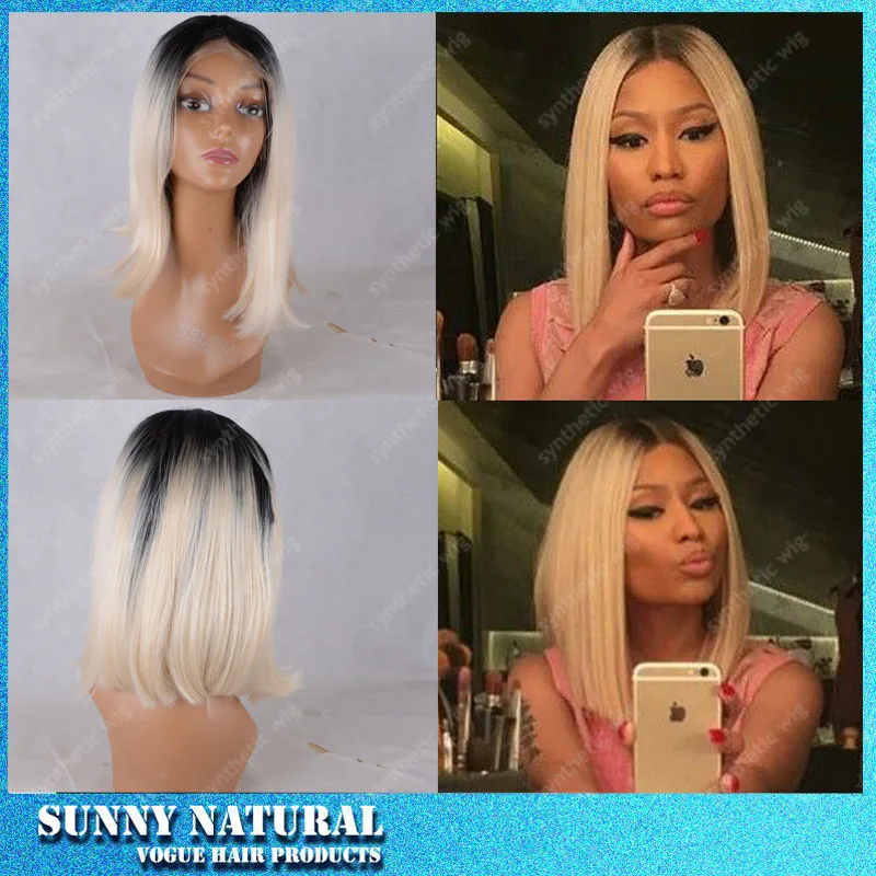

Free Shipping heat resistant hair wig short two tone ombre color glueless black blond natural straight synthetic lace front wigs