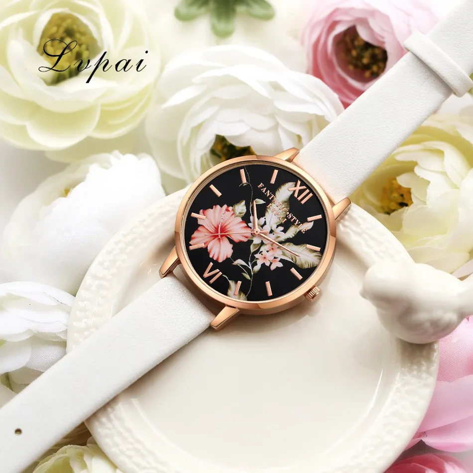Lvpai Brand Women Bracelet Watch Fashion Rose Gold Flowers Leather Simple Women Dress Watches Luxury Business Clock Watch