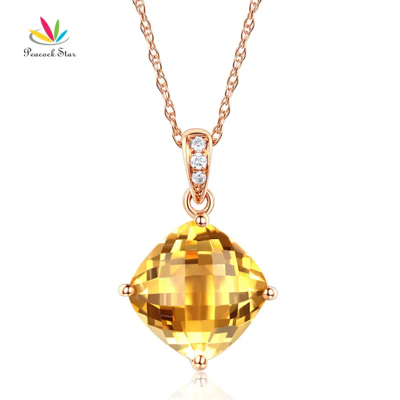 

Peacock Star 14K Rose Gold 4 Ct Cushion Citrine Pendant Necklace 0.03 Ct Diamond