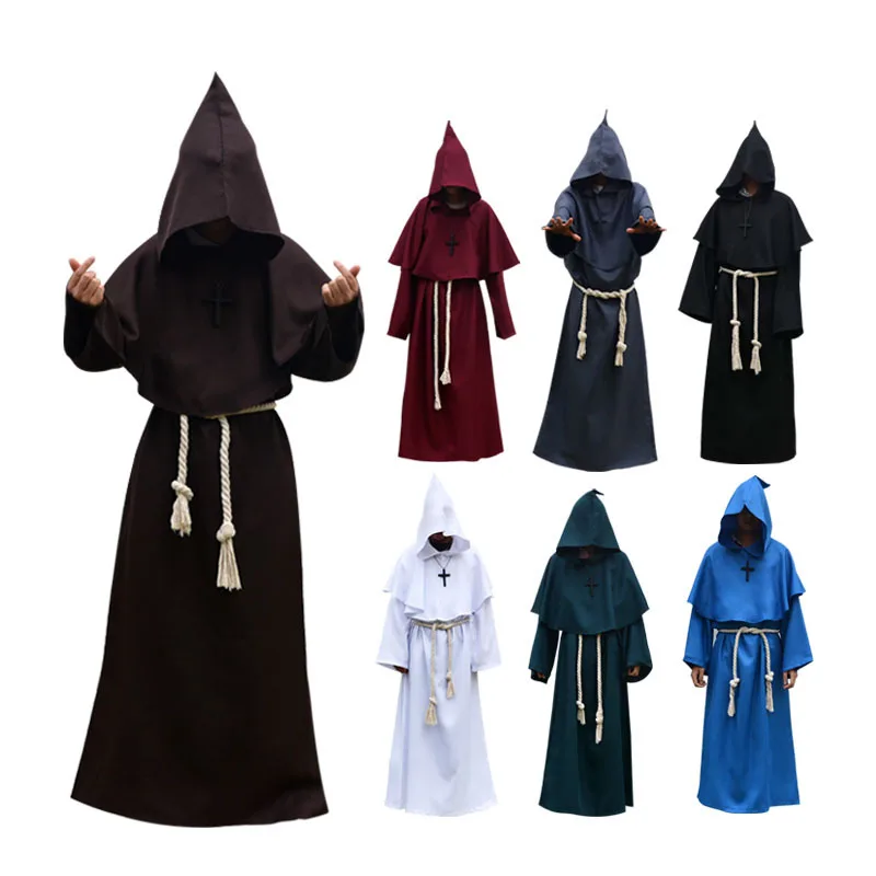 2019 НОВЫЙ Средневековый костюм для мужчин и женщин Винтаж Ренессанс монах Косплей клобук Friar Priest с капюшоном Robe Rope плащ накидка одежда