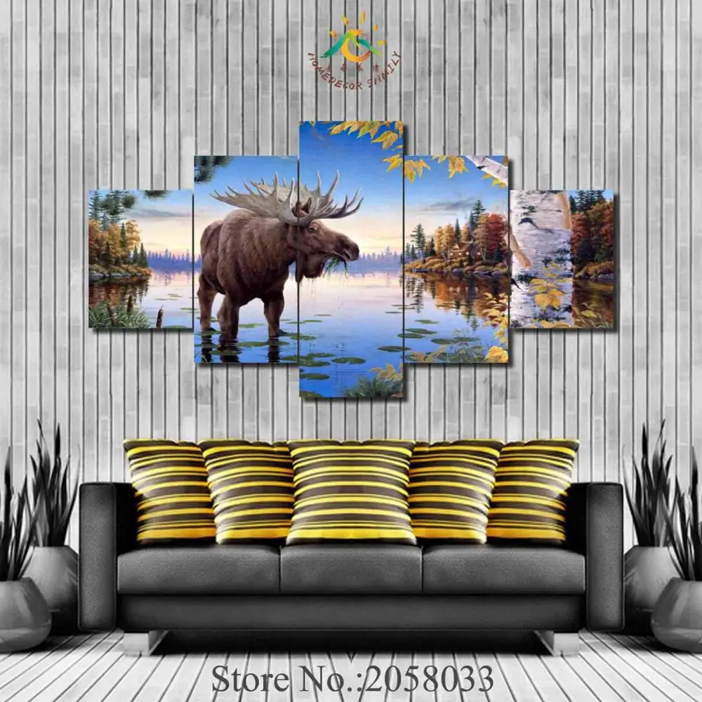 

3-4-5 Pieces Moose Water Animal Pictures Poster Modern HD Printed Painting On Canvas Home Pictures Prints Home Decoration