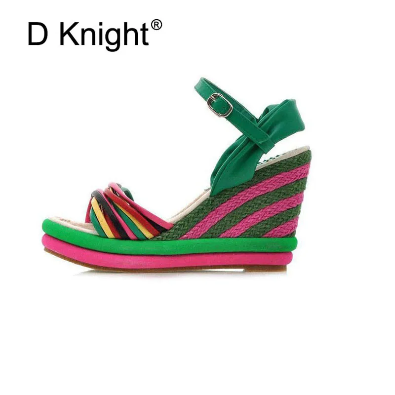 Gladiator Sandals Women 2018 Summer Bohemia Color Block Women Wedges Sandals Straw Braid Platform Wedge High Heel Women Sandals  (5)