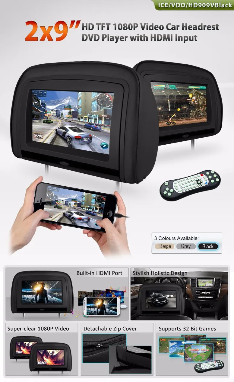 Excellent 2x9" Black Color (Grey & Beige Optional) Headrest Car DVD Car Headrest Monitor with DVD Buit-in HDMI Port IR& FM Transmitter 0