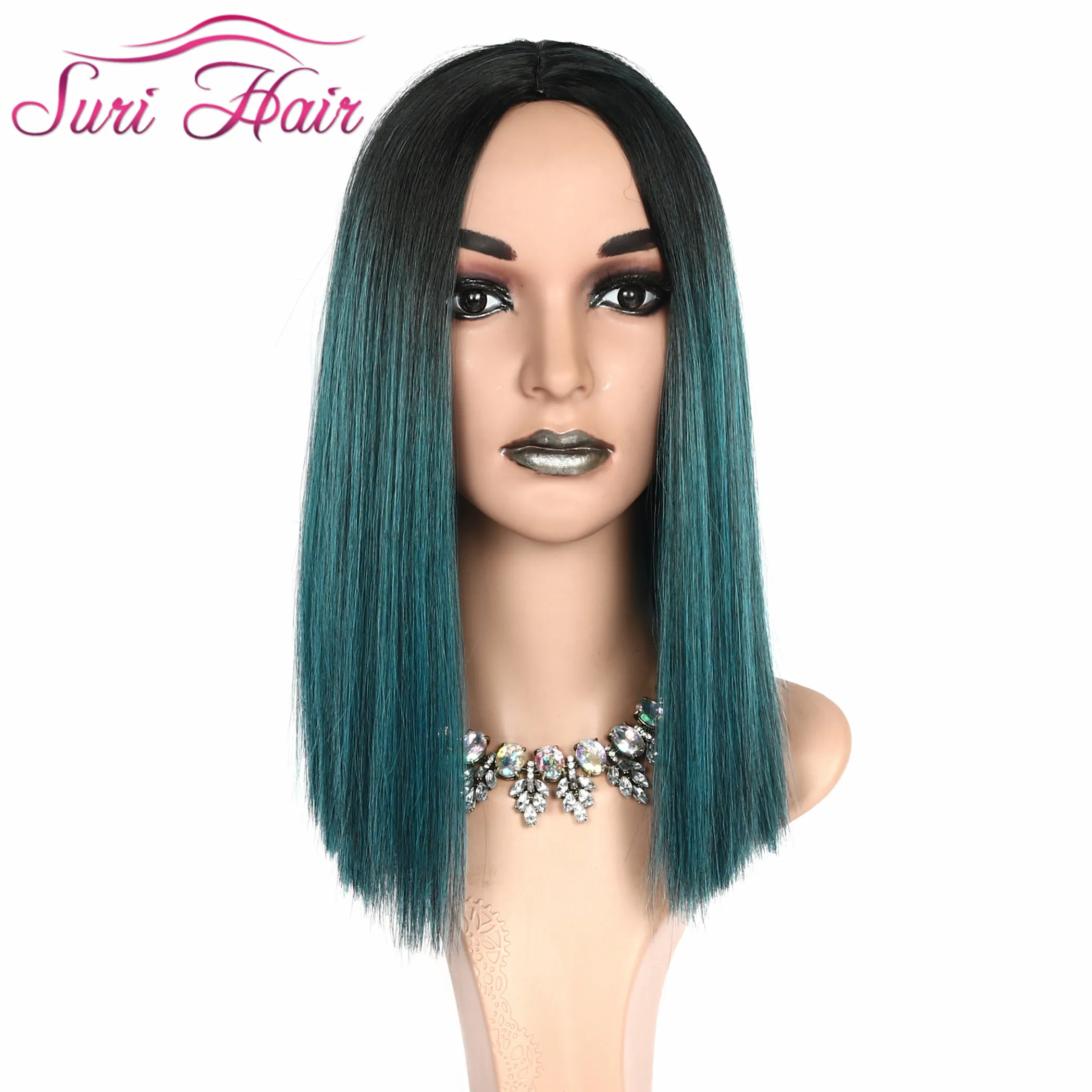 

Suri Hair Blue wig Ombre straight synthetic wigs High temperature cosplay short wig Black root for women 14inches Average size
