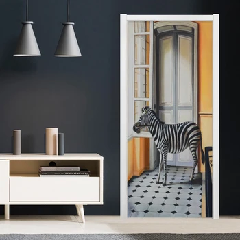 

PVC Self-Adhesive Waterproof Door Sticker Nordic Style Zebra Oil Painting Mural Living Room Bedroom 3D Sticker Animal Wallpapers