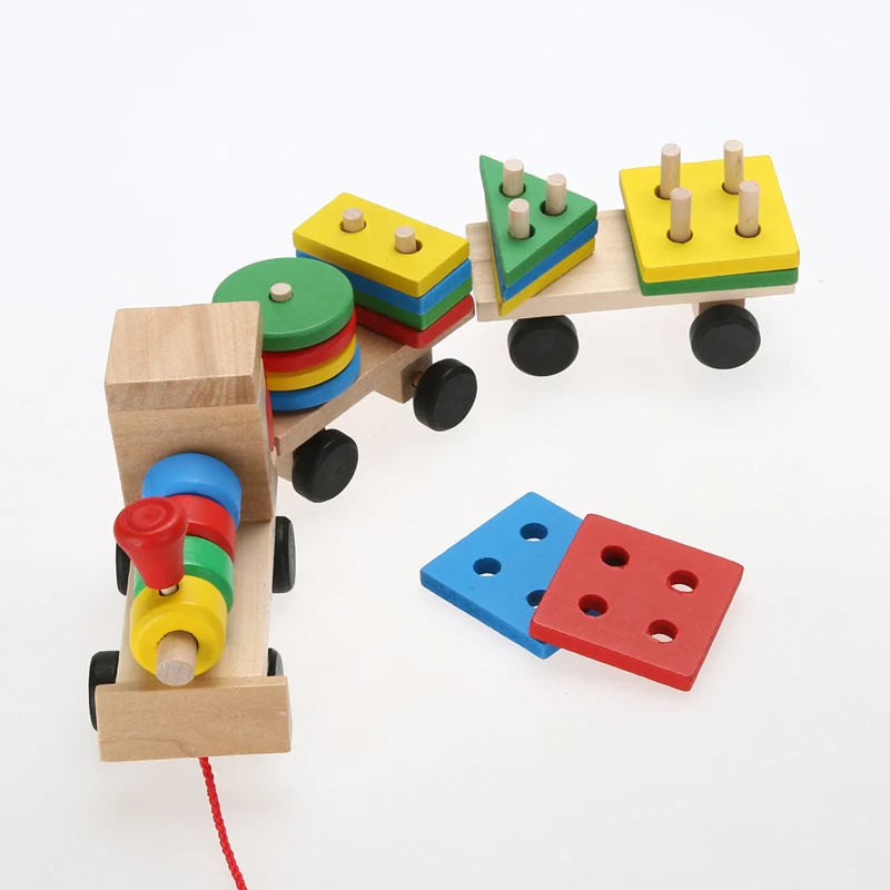 

Wooden Stacking Train Vehicle Building Blocks Kids Educational Montessori Geometric Assemb Matching Cognitive Blocks Toys