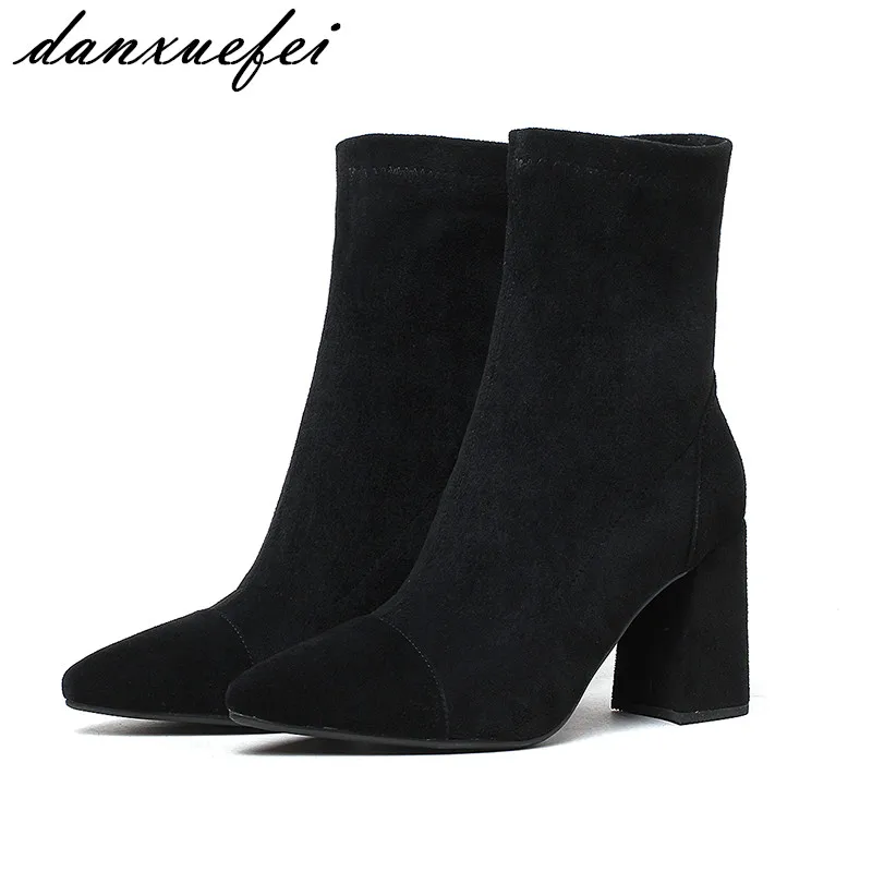 

Women's Genuine Suede Leather Stretch Slip-on Autumn Ankle Boots Brand Designer Pointed Toe Thick High Heel Short Booties Shoes