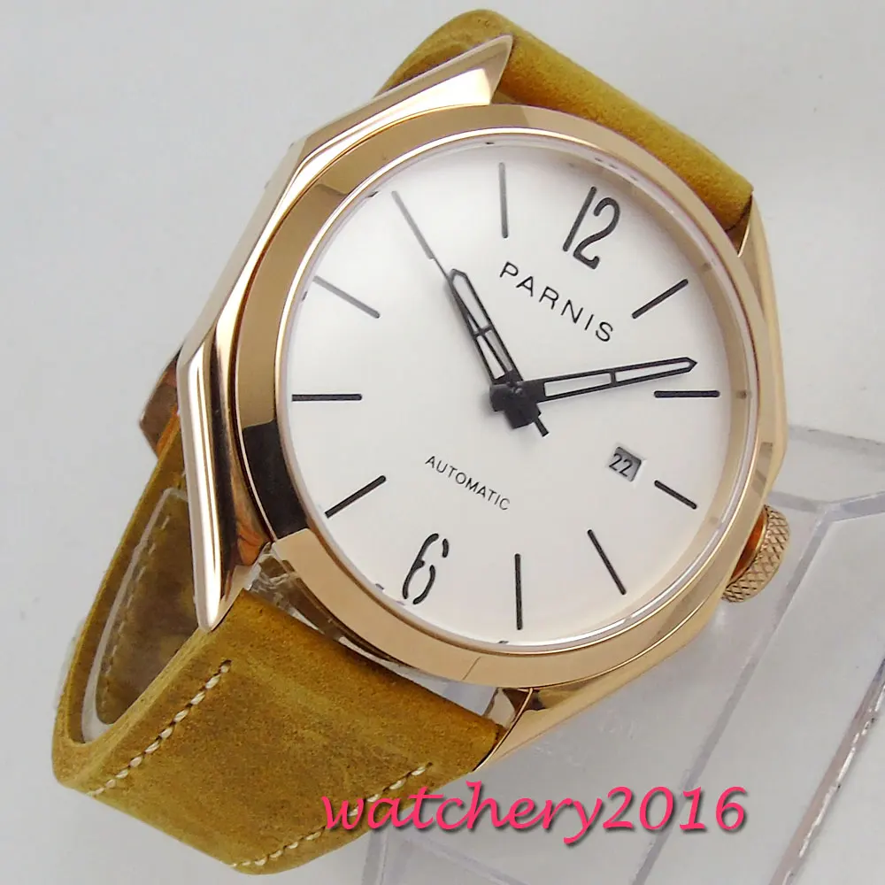 

43mm PARNIS White Dial Rose Golden Plated Luminous Hands Sapphire Glass Date Miyota 821A Movement men's Watch