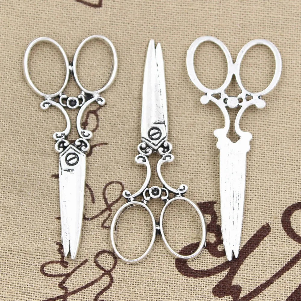 10pcs Charms Sewing Scissors 61x25mm Antique Bronze Silver Color Pendants Making DIY Handmade Tibetan Bronze Jewelry 20pcs charms cross cut out 18x15mm tibetan bronze silver color pendants antique jewelry making diy handmade craft