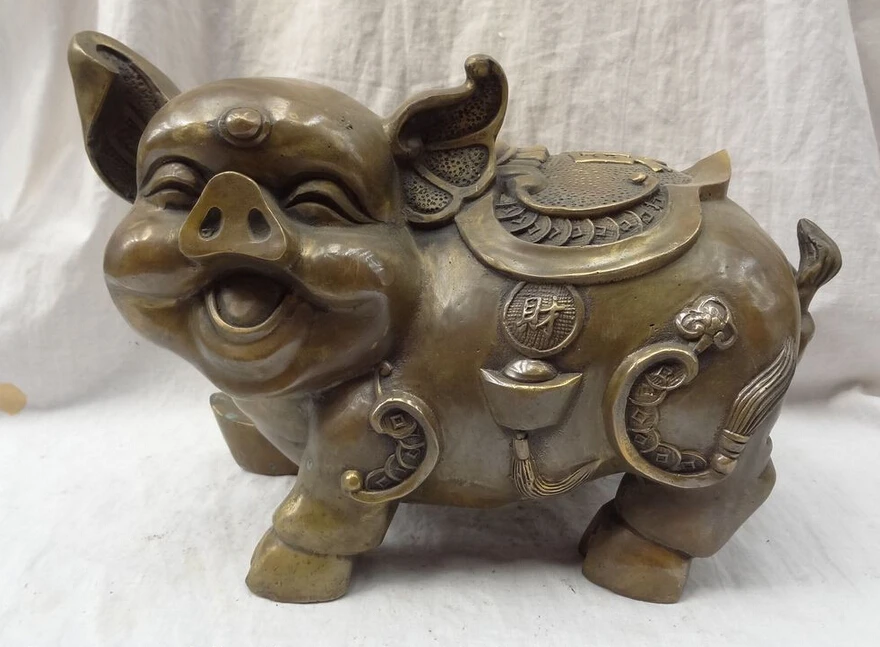 

S5229 14" Chinese Zodiac Bronze Copper Wealth Coin YuanBao Cai Fu Happy Pig Statue D0318