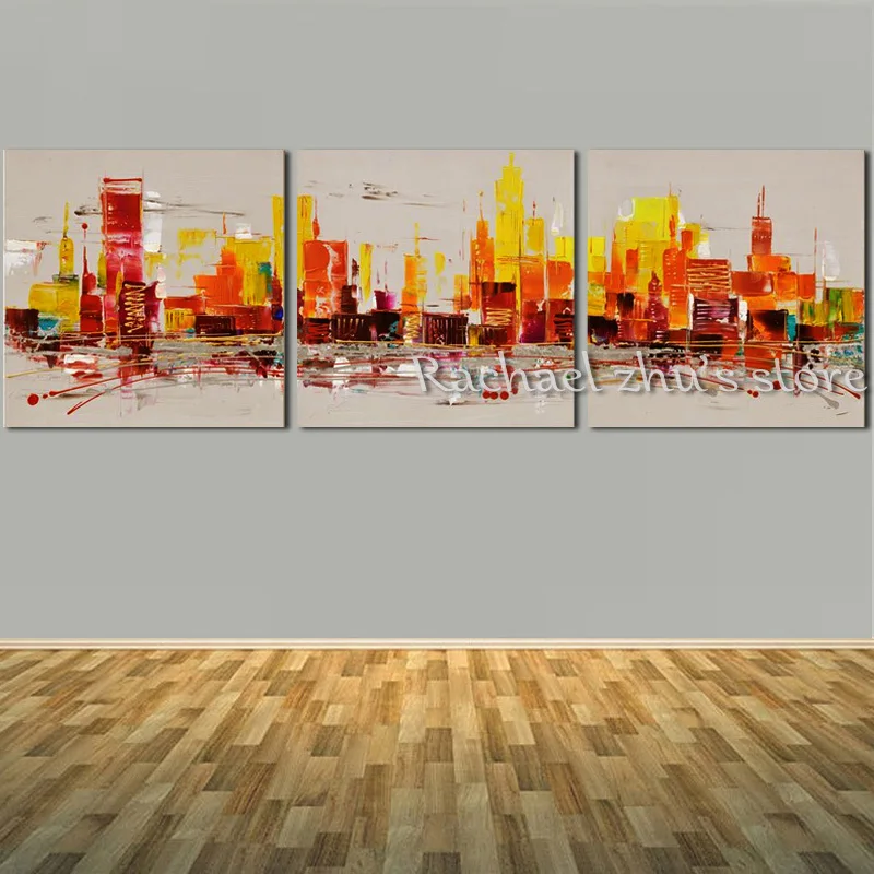 

Hand Painted Abstract Citysacpe Oil Painting On Canvas Three Panles Abstract Buildings Wall Picturer For Living Room Home Decor