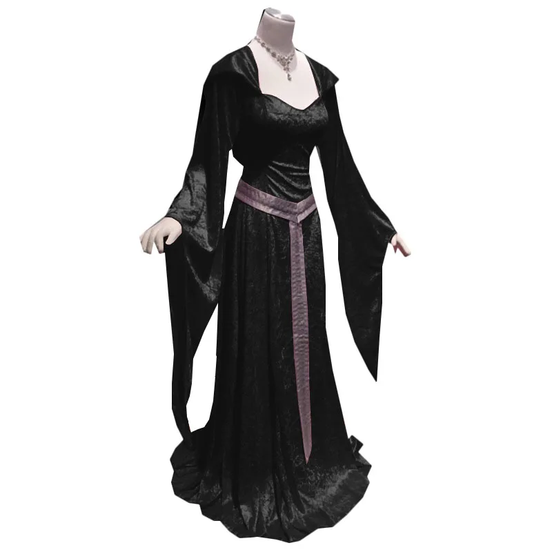 

Medieval Renaissance Celtic Princess Costume Women Halloween Witch Cosplay Hooded Gown Maxi Floor Dress Satin Outfit For Adult