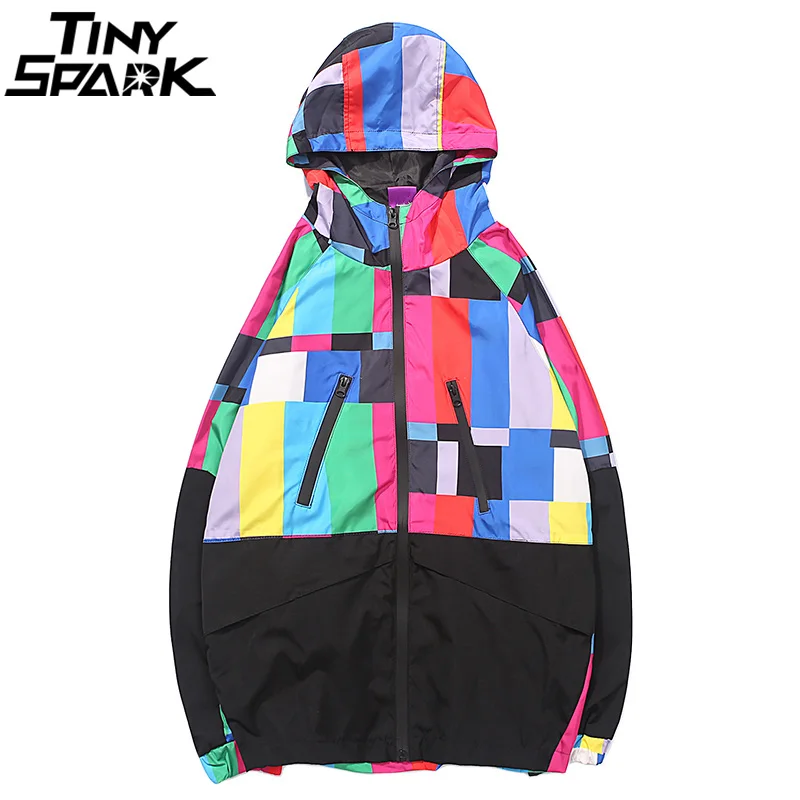 

Harajuku Colorful Jackets Mens Hip Hop Hooded Windbreaker Jacket Hipster Color Block Patchwork Zip Jacket Streetwear Autumn 2018