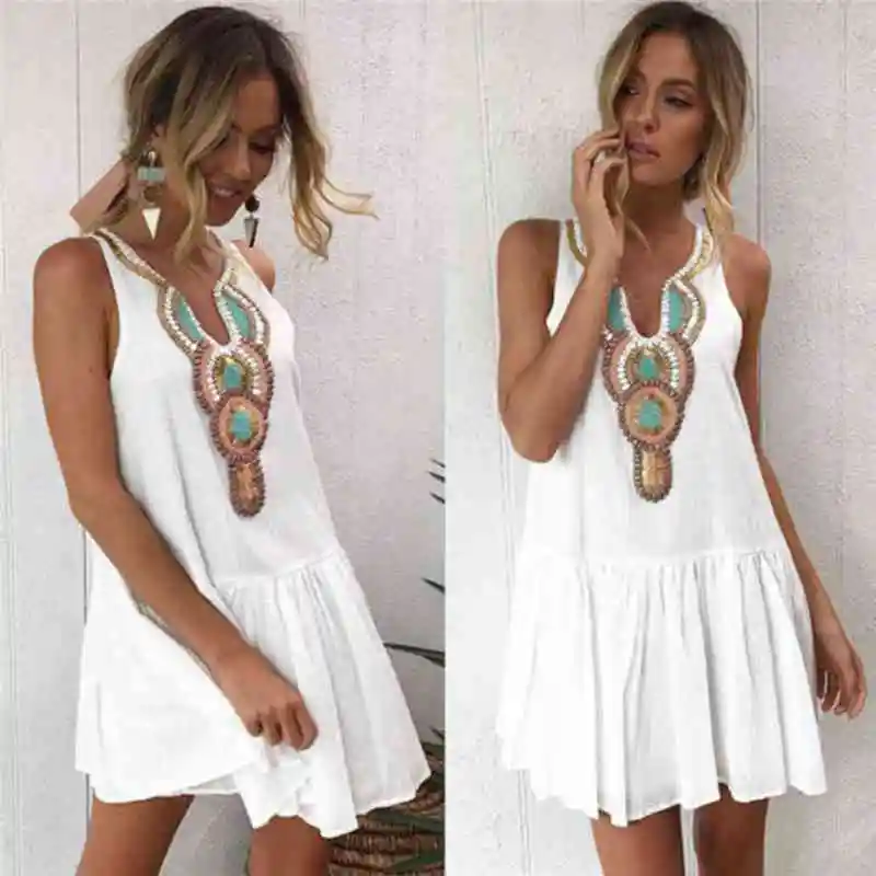 

Summer Women Casual Loose Button Sleeveless V Neck Evening Party Beach Short Mini Dress