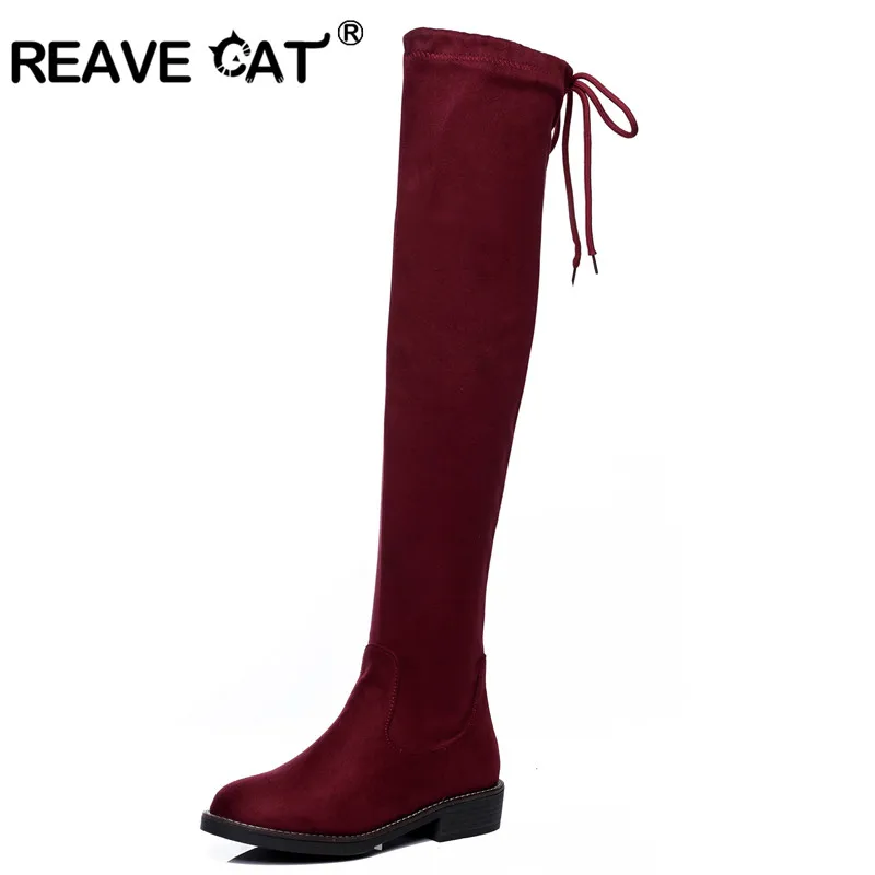 REAVE CAT/женские сапоги; Новинка; сезон осень-зима; женские сапоги на тонком Плоском Каблуке; Черные Сапоги выше колена; эластичная ткань; RL3554