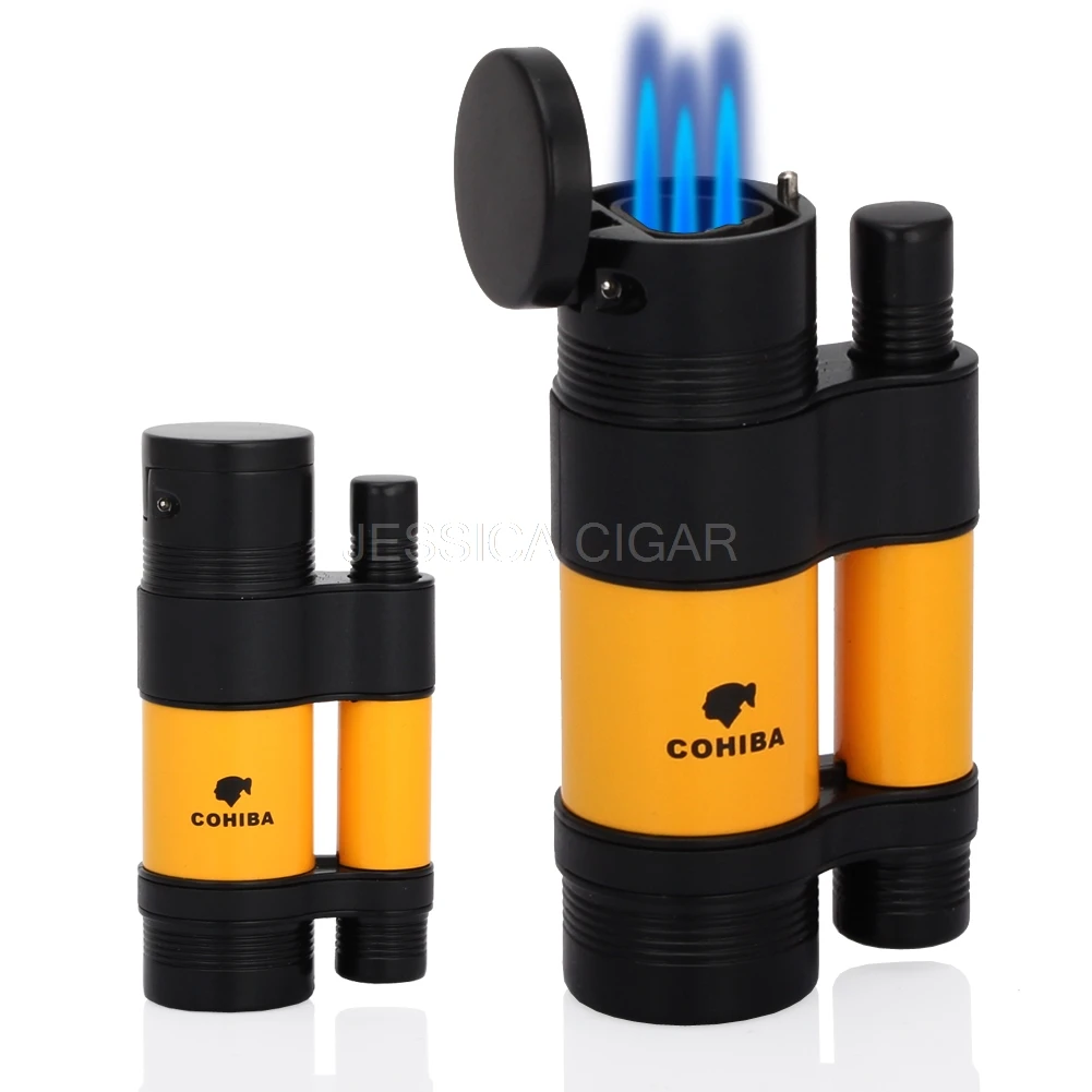 

COHIBA Special Bomb Design Metal Cigar Lighter 3 Torch Flame Cigrette Jet Lighters Windproof Butane Lighter With Gift Box