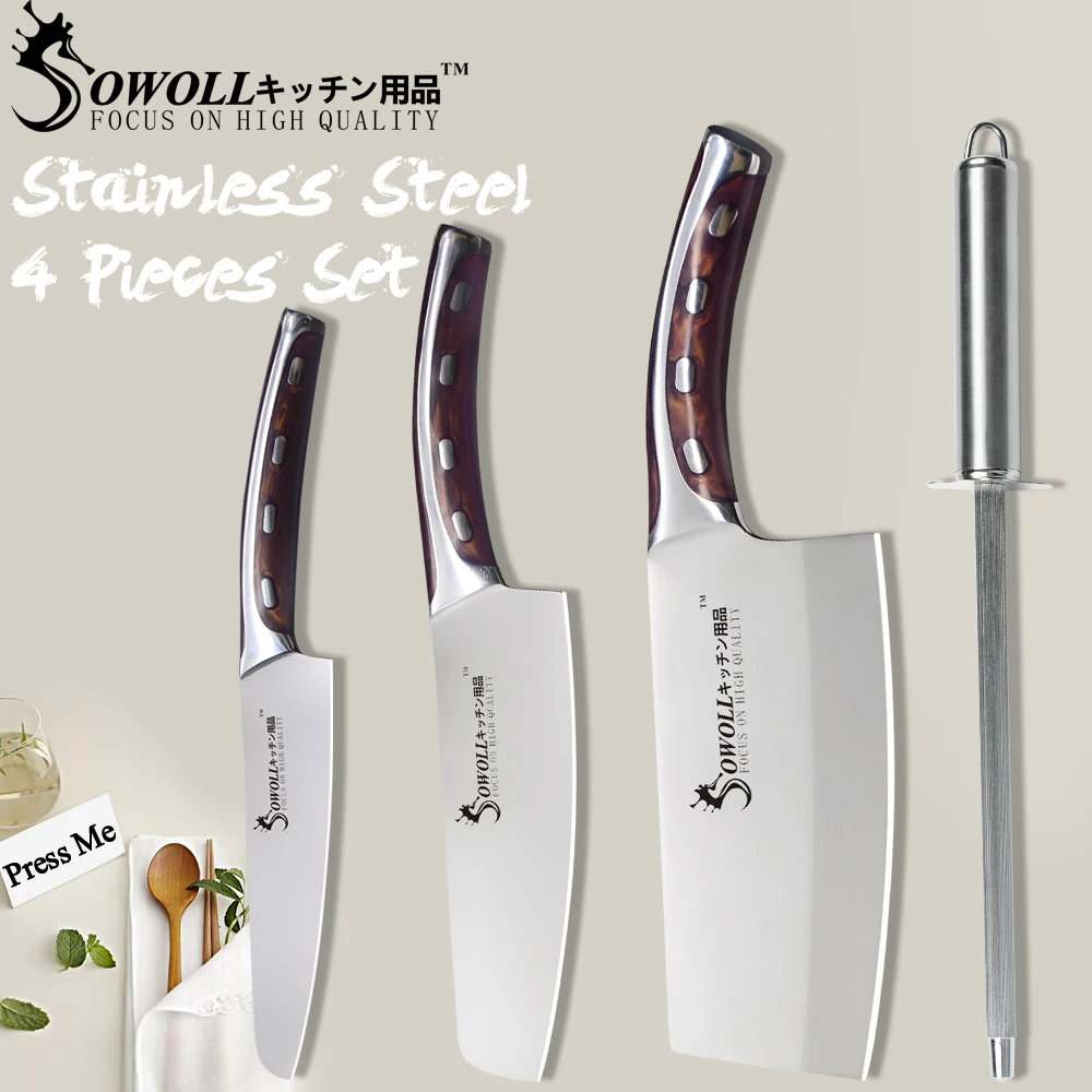 

SOWOLL Stainless Steel Kitchen Cooking Knife Sharpening Steel Rod Bar 4 Pcs Set Resin Fibre Handle Utility Chef Chopping Knives