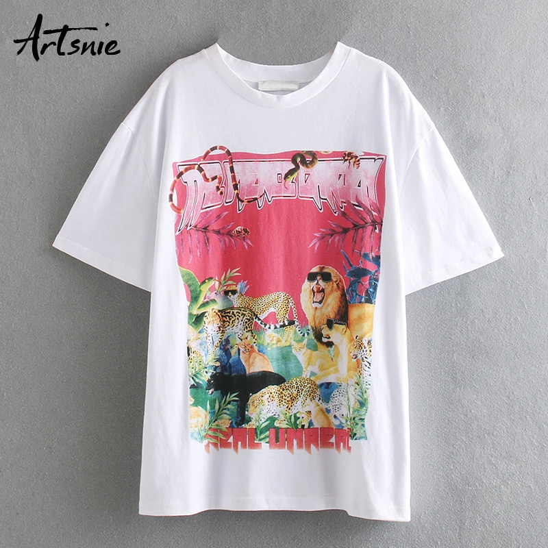 

Artsnie animal cartoon print women t shirt summer 2019 o neck short sleeve white tops female streetwear casual cotton t-shirts