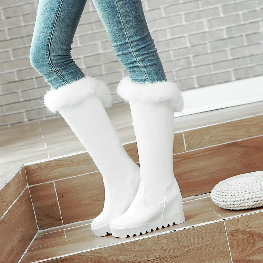 

Women's Pu Snow Boots Height Increasing Knee High Boots Platform Slip On Winter Ladies Shoes Black White Red Drop Shipping