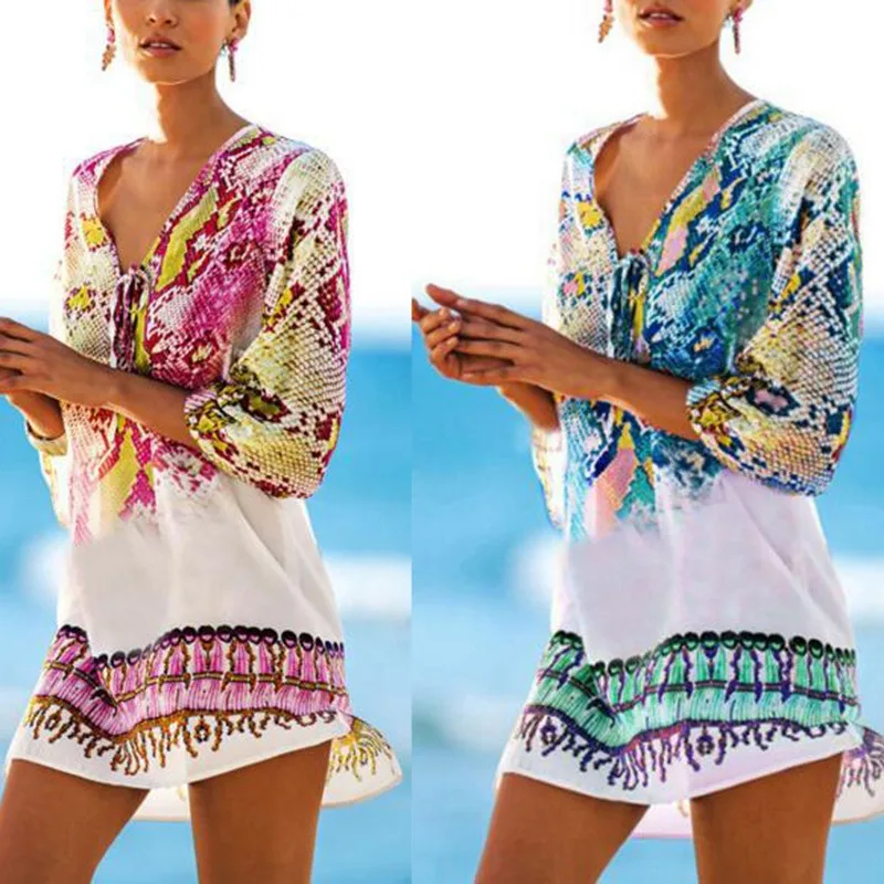 

Women Beach Dress Sexy V Neck Casual Half Sleeve Loose Cover Up Sundress Bohemian Chiffon Mini Dress