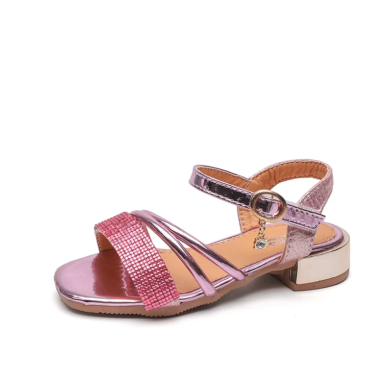 Bekamille/детская обувь, летние сандалии для девочек, модные однотонные сандалии на высоком каблуке с блестками, детская обувь принцессы для девочек, серебристые - Цвет: Розовый