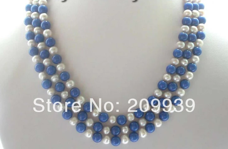 

huij 003132 3row Natural White Pearl Lapis Lazuli Necklace