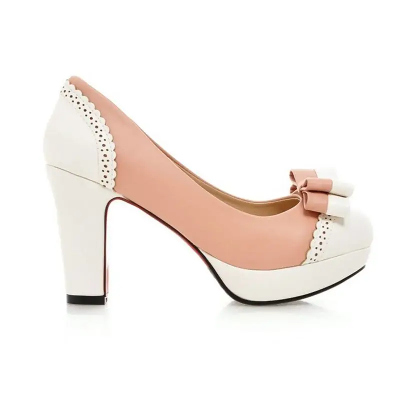 TAOFFEN Plus Size 32-43 Women Pumps Sweet Bowtie High Heels Shoes Women Vintage Chunky Party Wedding Dress Shoes Prom Footwear