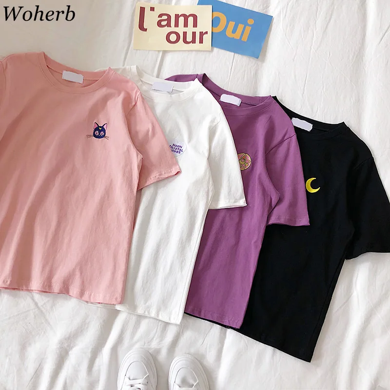 

Woherb Japanese Kawaii Sailor Moon Embroidery T Shirt Women 2019 Summer Casual Short Sleeve Cartoon T-shirts Sweet Tops 21760